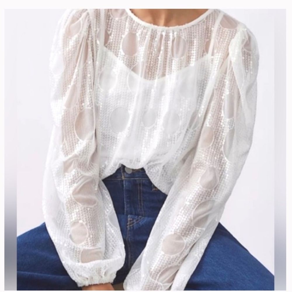 Eva Franco Anthropologie Embroidered & Sequin White Sheer Women's Top | Small